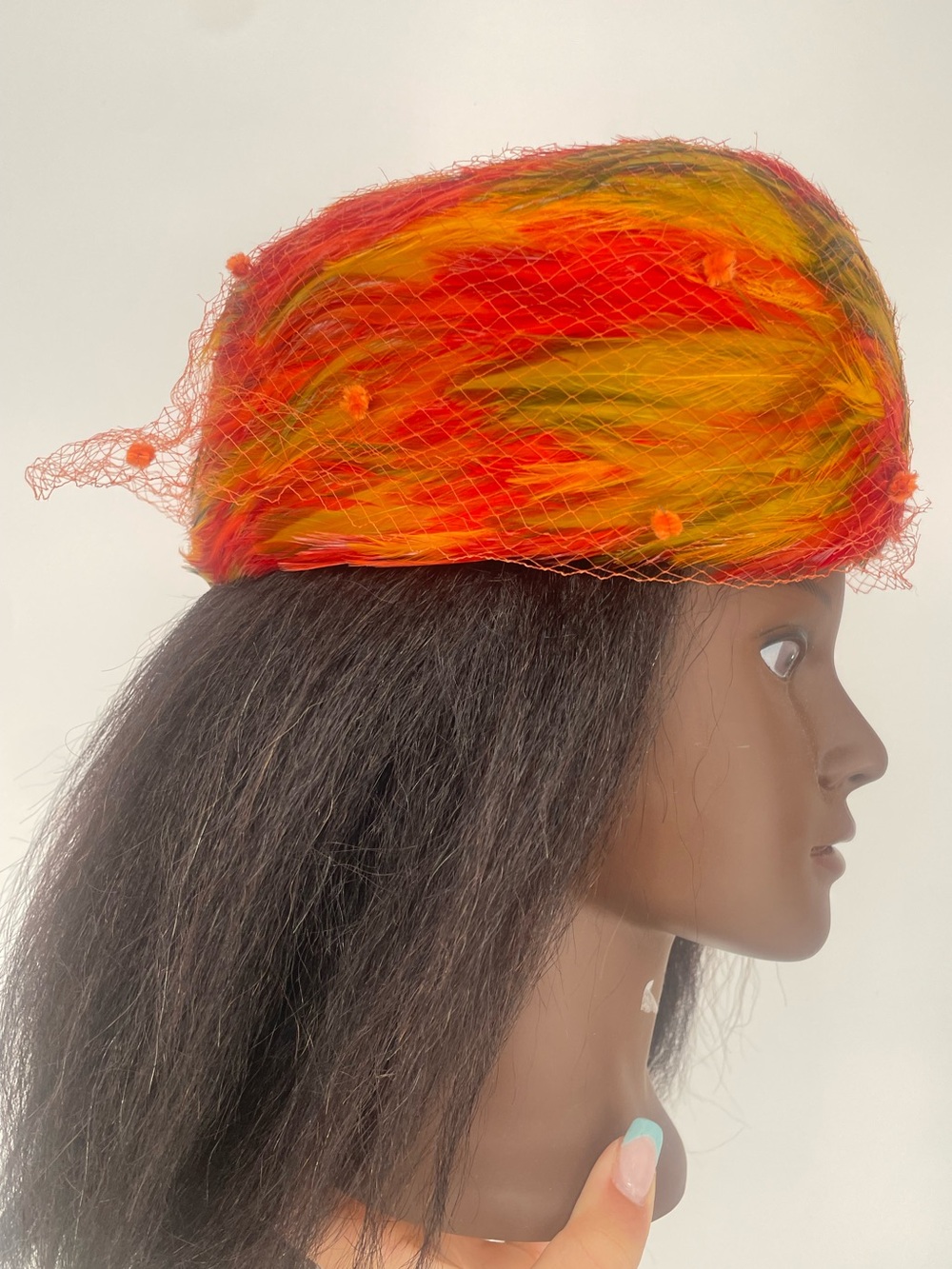 60s Mid Century Red Orange Feathered Pillbox Hat w Netting Union Made Wool Base - Picture 4 of 13